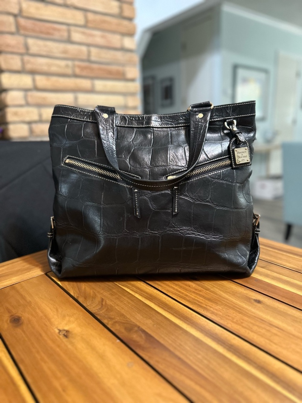 Dooney & Bourke SaraBlack Croc-Embossed Leather Shoulder Tote with Gold Hardware